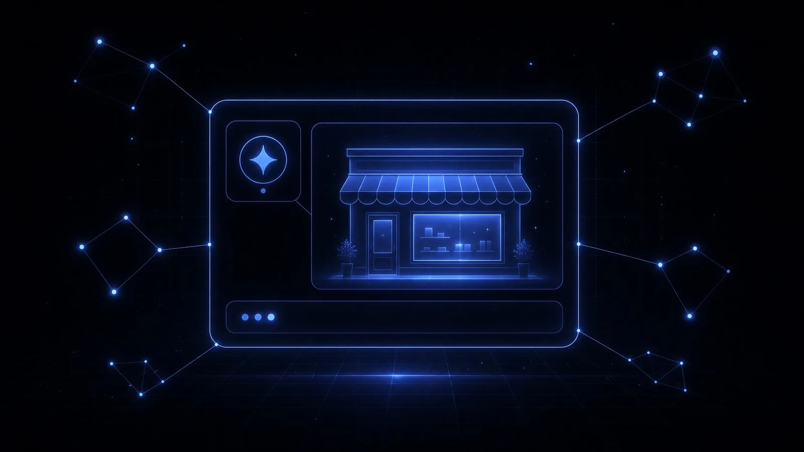 A glowing AI answer panel presenting a small storefront as the answer