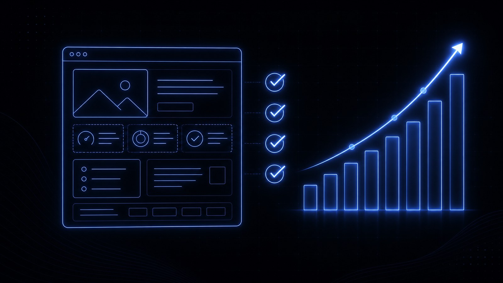 A website wireframe with a checklist and a rising ranking chart, representing an SEO audit.