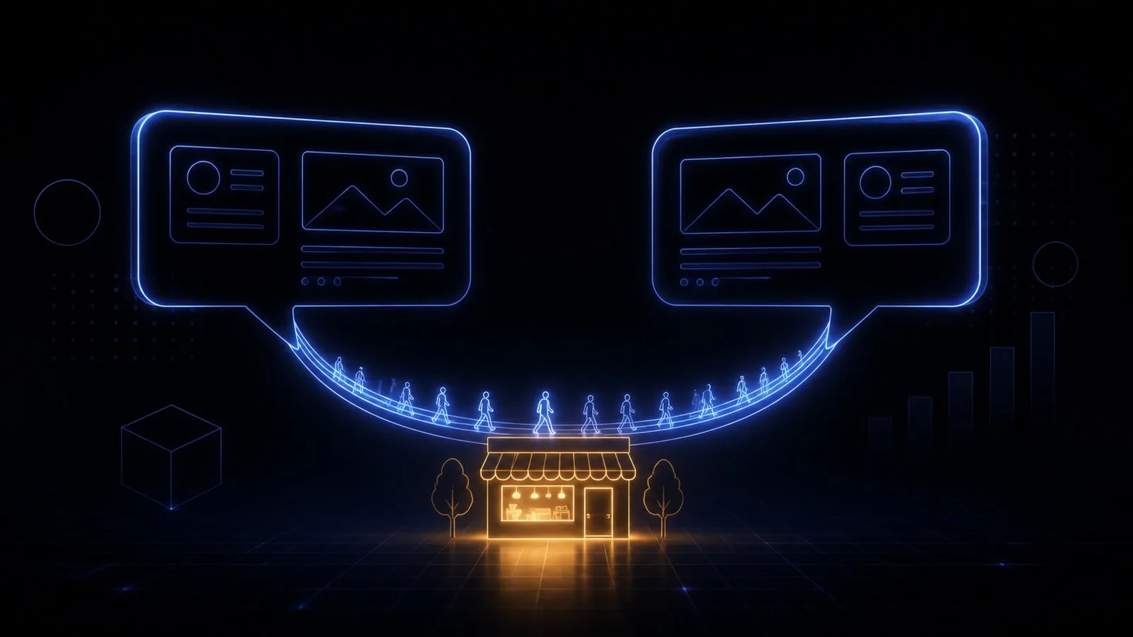 Two glowing speech bubbles forming a bridge of light toward a storefront