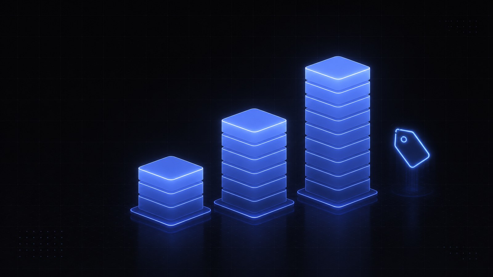 Three glowing neon pricing tiers with a price-tag icon