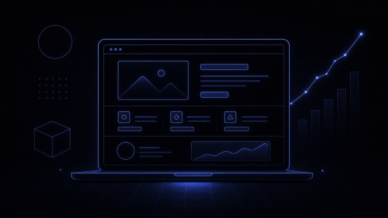 A sleek modern website shown on a laptop in neon line-art with a rising performance chart.