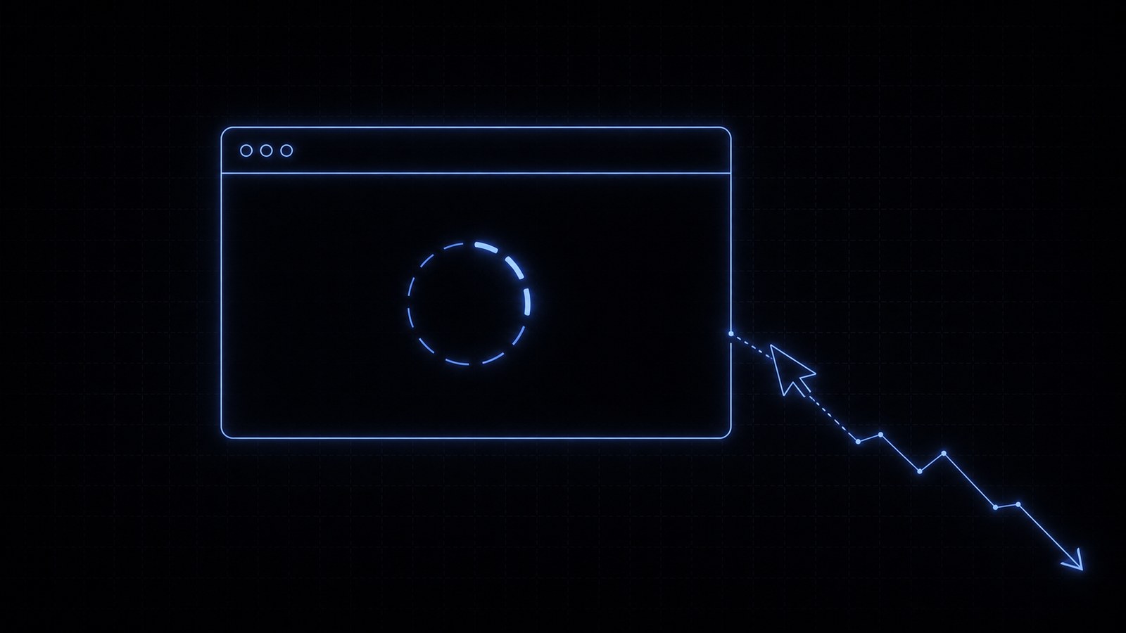 Neon browser window with a loading spinner and a cursor leaving