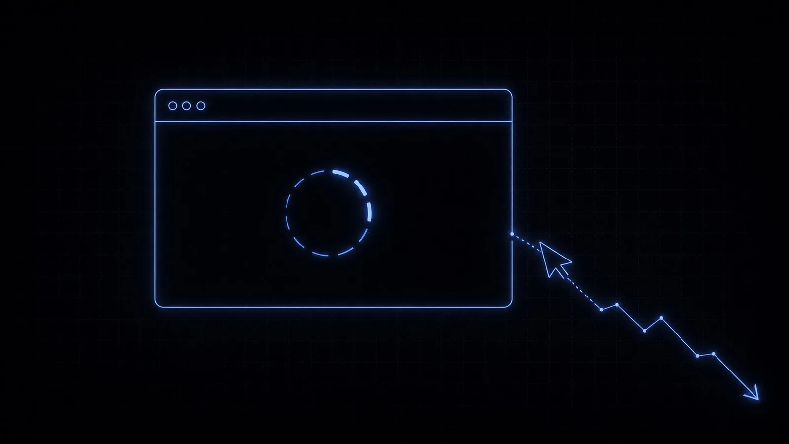Neon browser window with a loading spinner and a cursor leaving